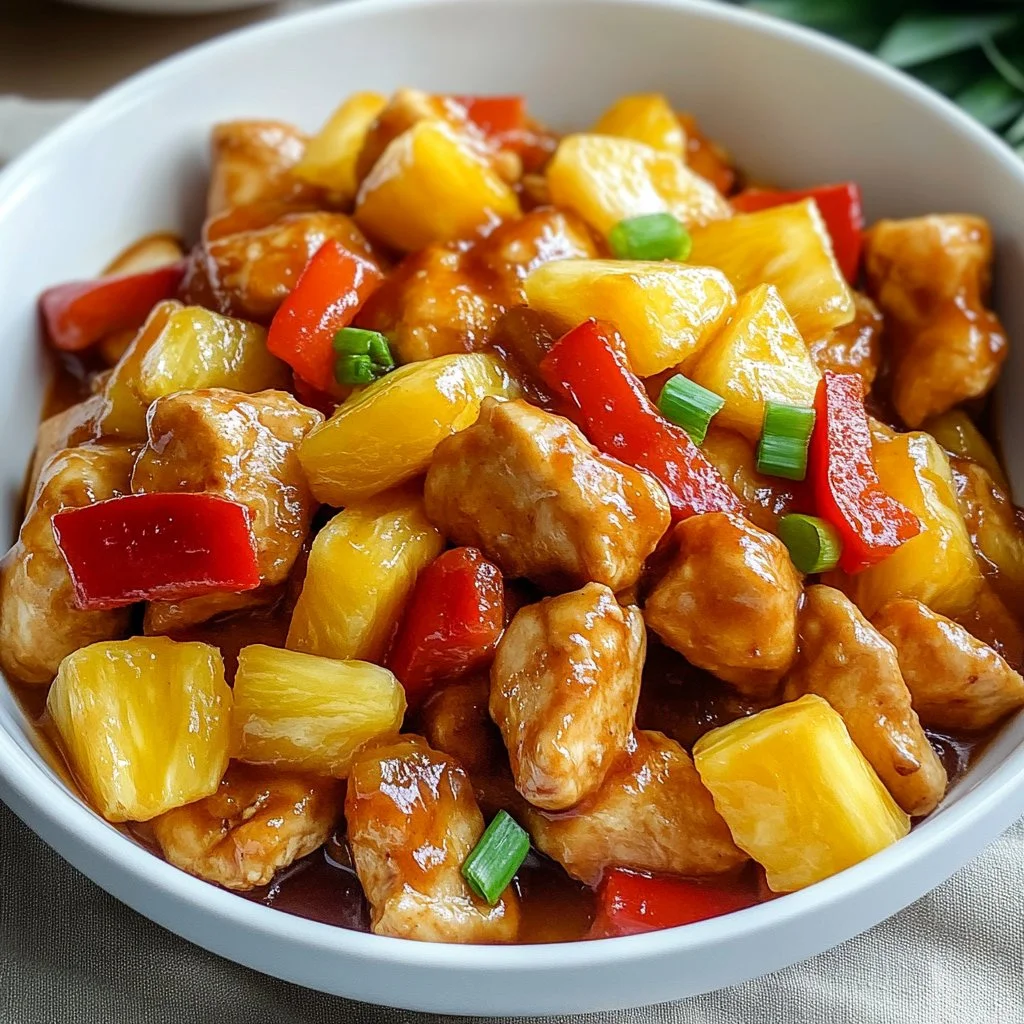 Delicious sweet and sour pineapple chicken stir-fry served in a bowl