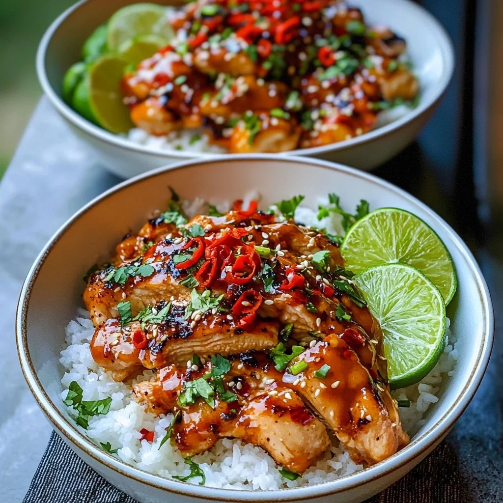 Sweet Chili Chicken Bowl topped with Coconut Lime Drizzle, vibrant and flavorful dish