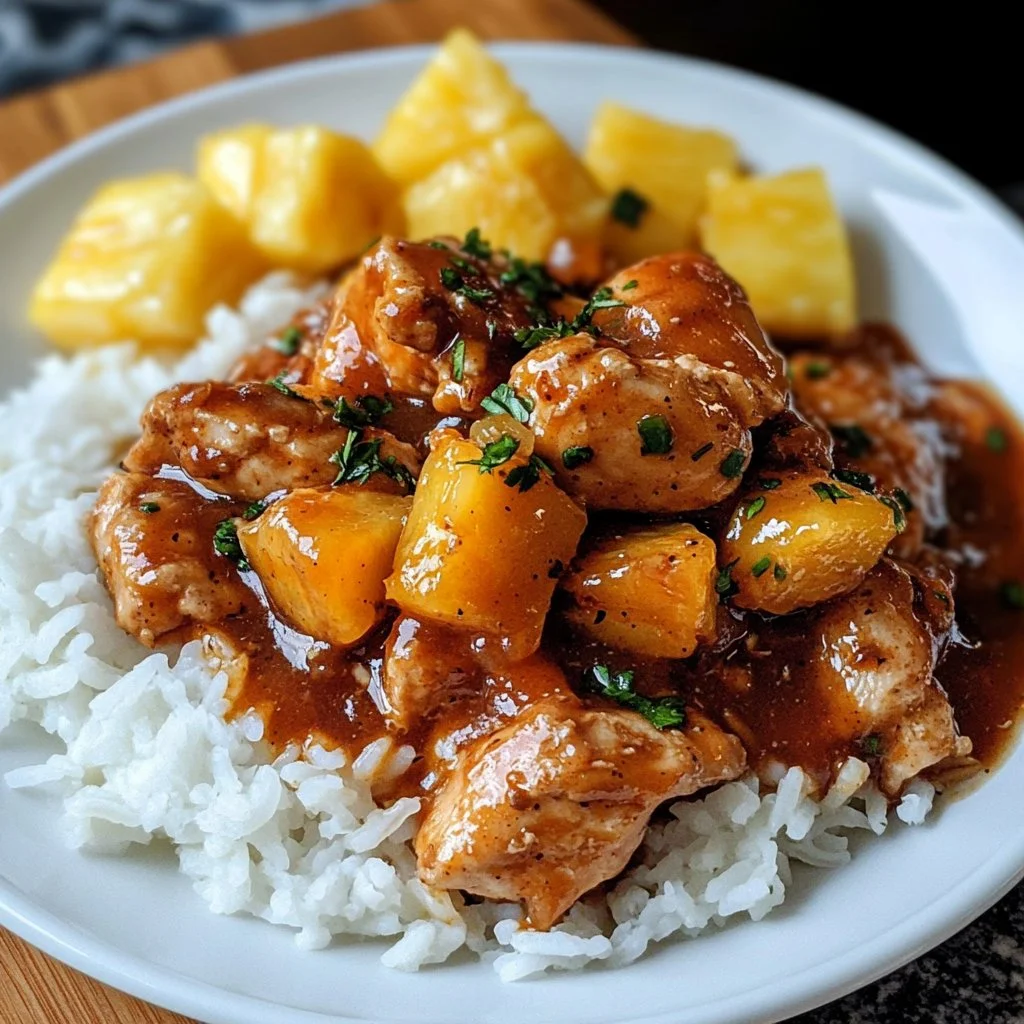Plate of Sweet Hawaiian Crockpot Chicken garnished with pineapple and green onions