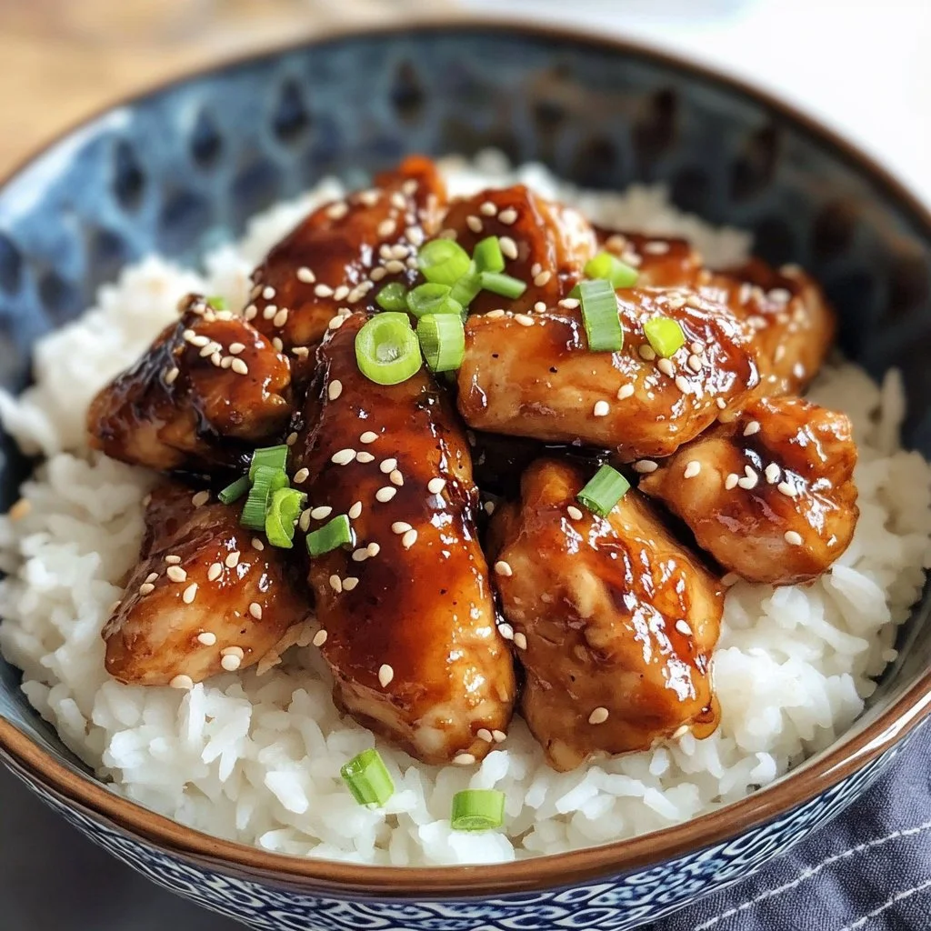 Delicious teriyaki chicken glazed with savory sauce, served with rice and vegetables.