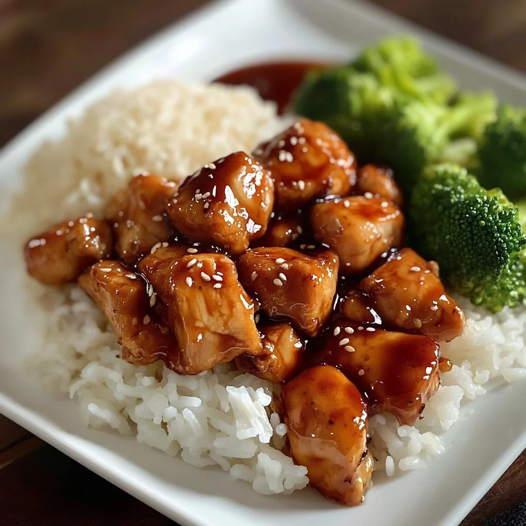 Plate of homemade teriyaki chicken garnished with sesame seeds and green onions