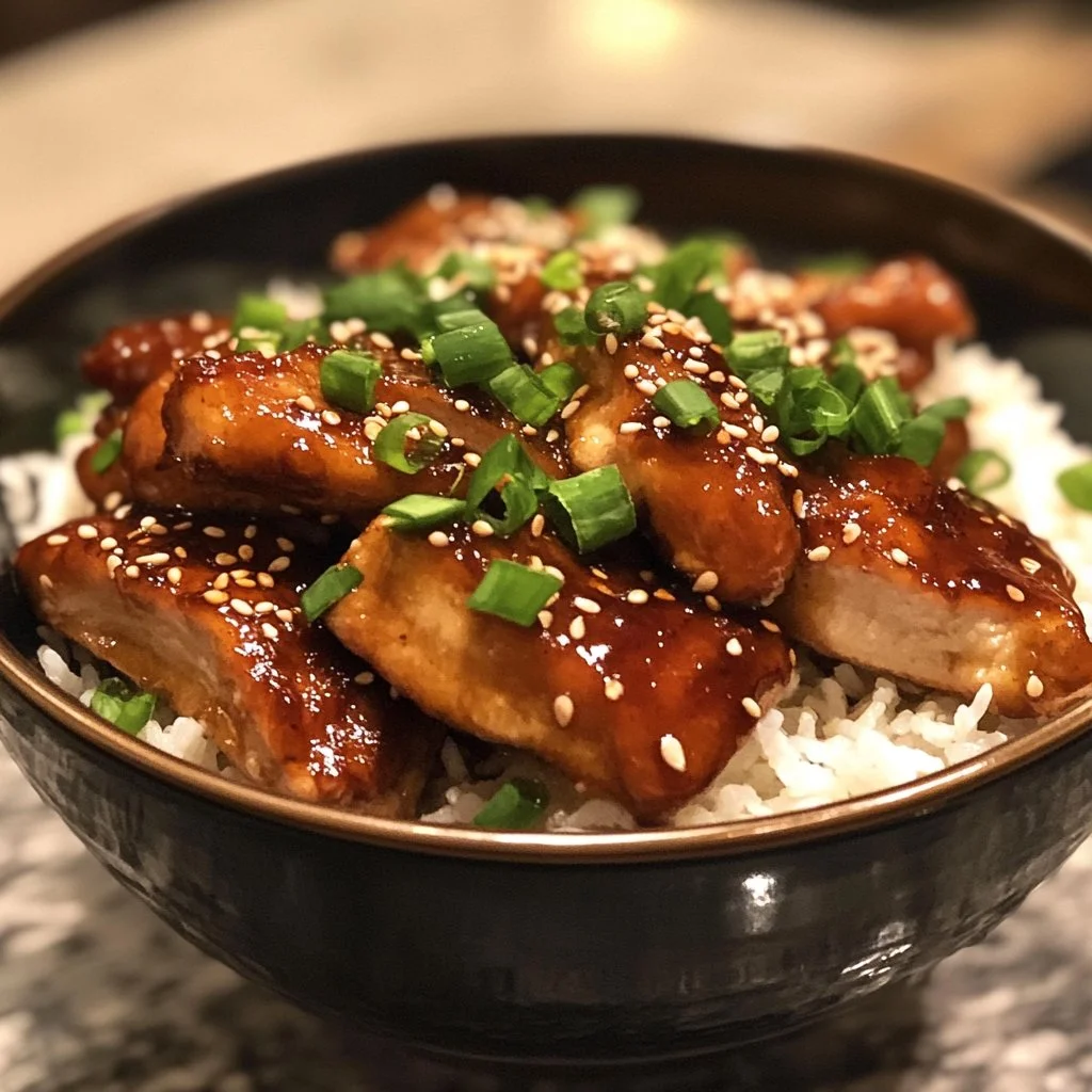 Plate of juicy teriyaki chicken garnished with sesame seeds and green onions