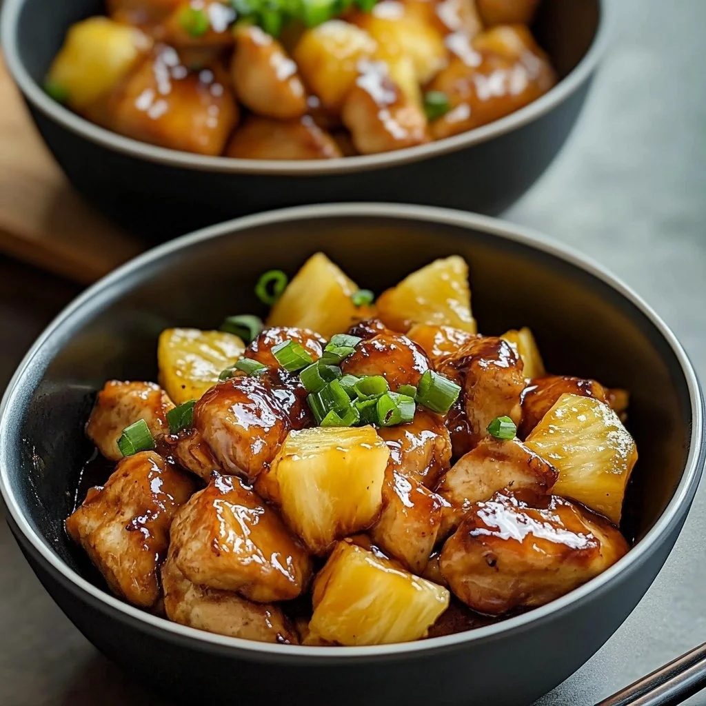 Teriyaki chicken and pineapple bowl garnished with green onions and sesame seeds.