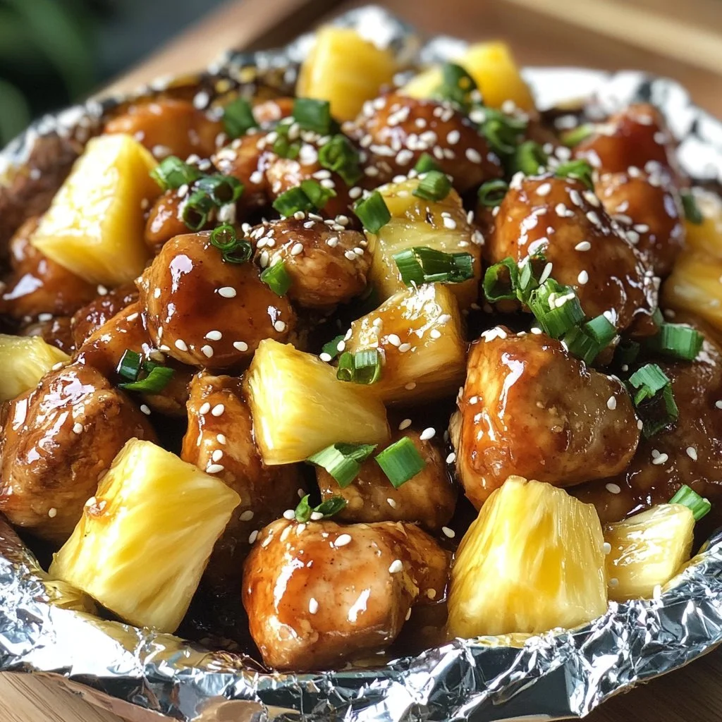 Teriyaki chicken and pineapple foil packets ready to be grilled