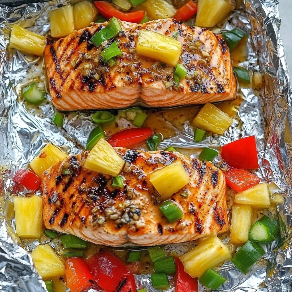 Delicious teriyaki chicken and pineapple foil packets ready for cooking