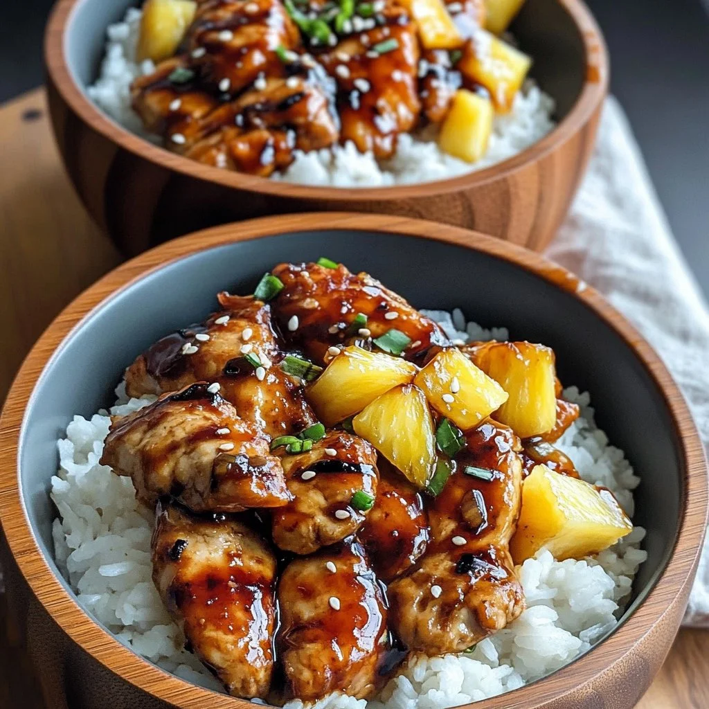 Teriyaki chicken served in a fresh pineapple bowl with colorful vegetables