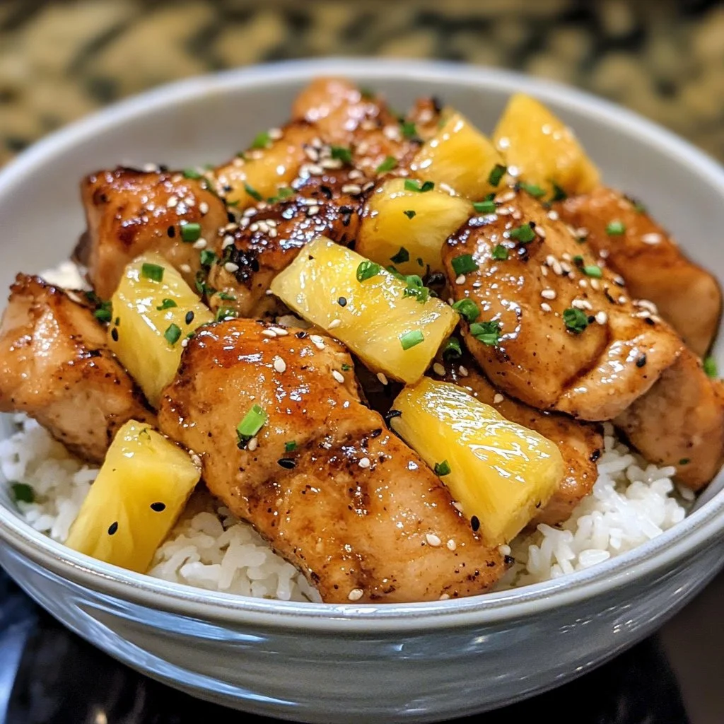 Delicious teriyaki chicken garnished with fresh pineapple slices