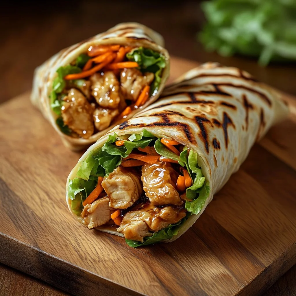Delicious teriyaki chicken wrap with fresh vegetables and savory sauce