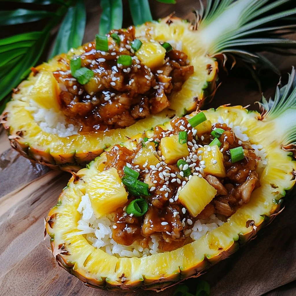 Delicious teriyaki pineapple bowls garnished with fresh ingredients