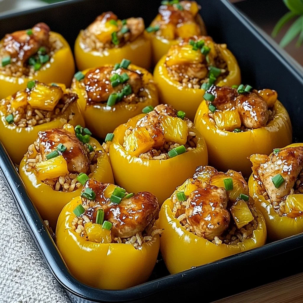 Teriyaki Chicken and pineapple stuffed peppers with rice on a plate