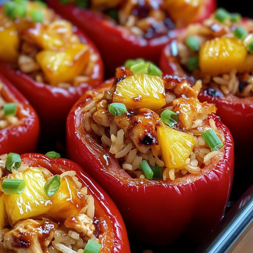 Delicious teriyaki chicken and pineapple stuffed peppers resting on a plate.