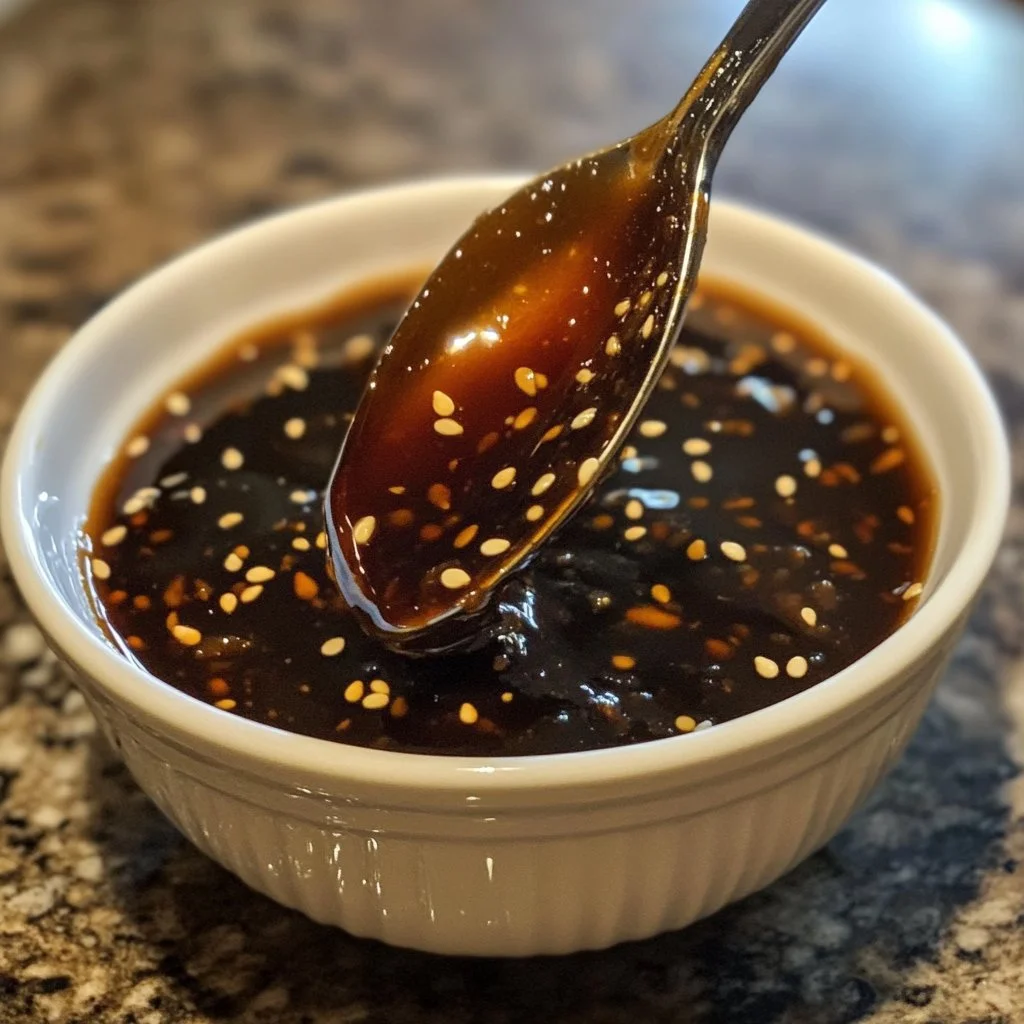 Bottle of homemade teriyaki sauce with herbs and spices