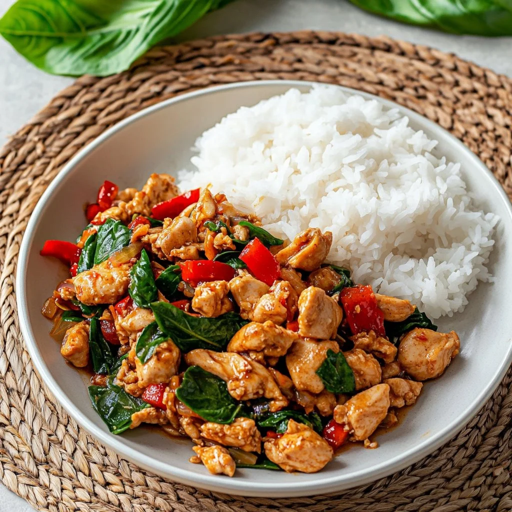 Plate of Thai Basil Chicken garnished with basil leaves