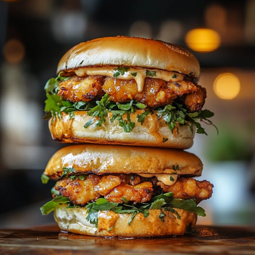 Thai fried chicken sandwich with fresh herbs and spicy sauce