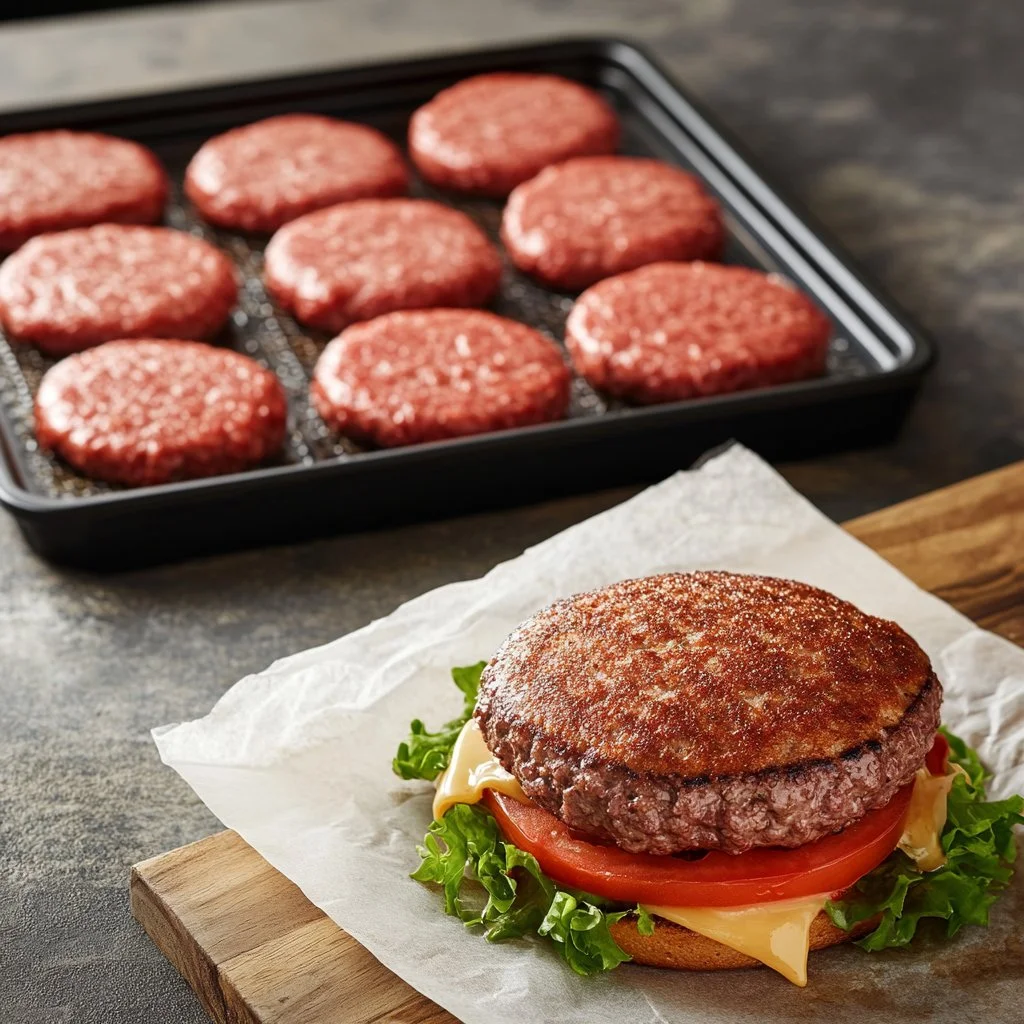 Juicy smash burger on a plate with fresh toppings and a side of fries