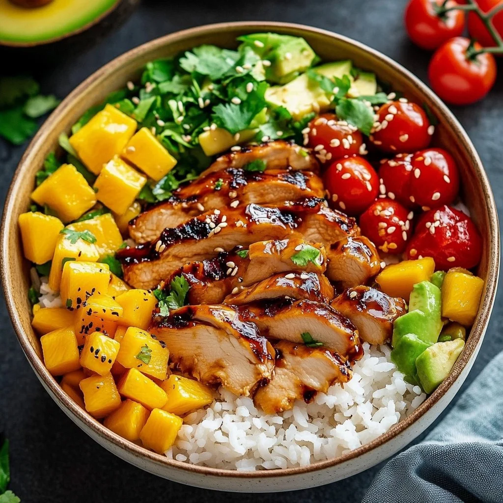 Tropical Teriyaki Chicken Rice Bowl with vibrant vegetables and savory sauce