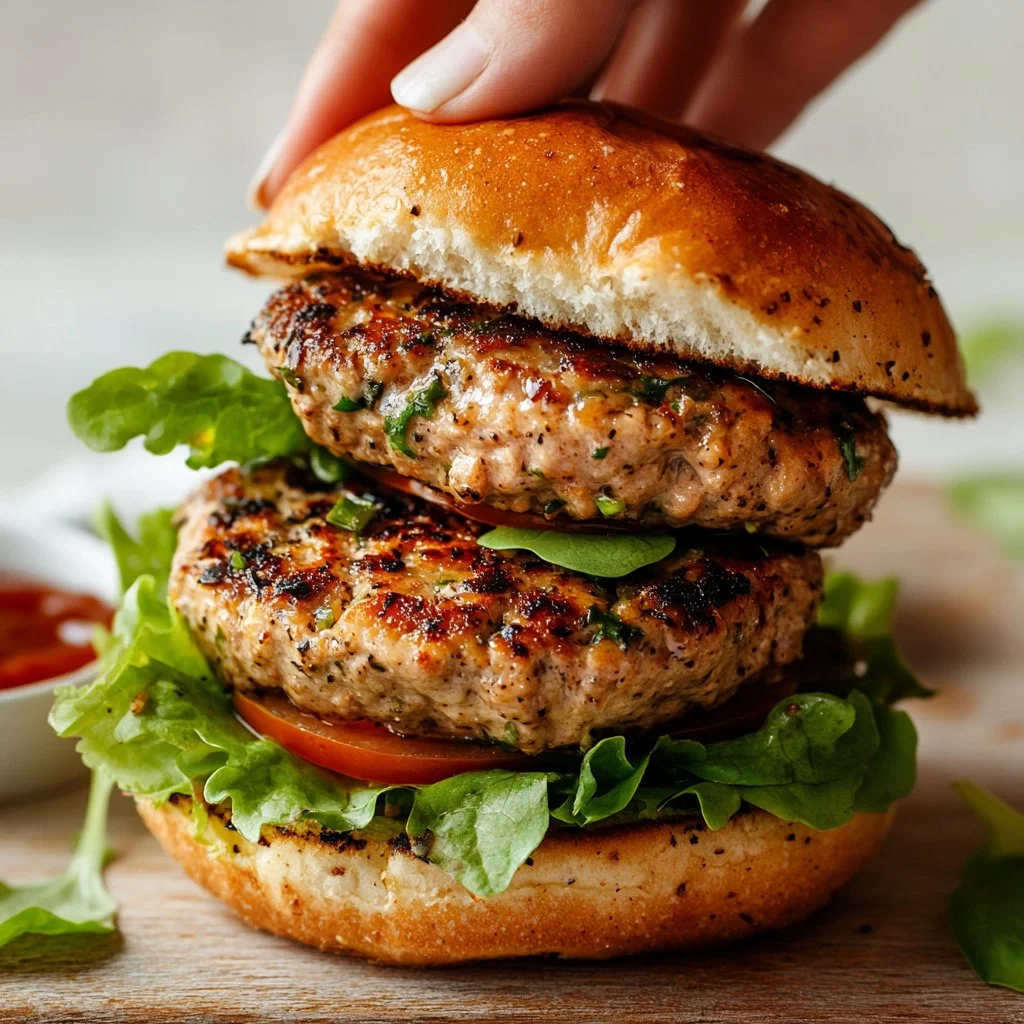 Juicy homemade turkey burgers on a grill with fresh toppings.
