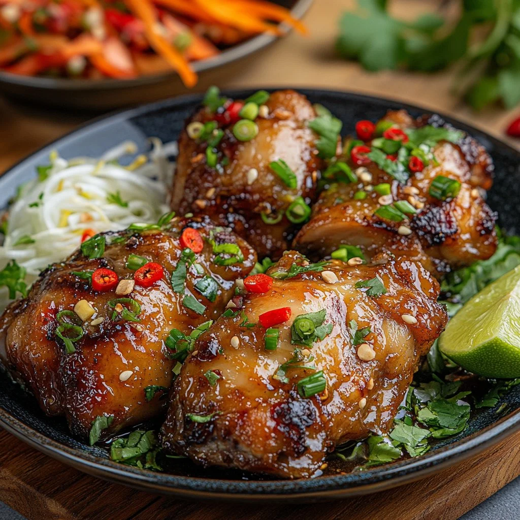 Plate of Vietnamese lemongrass chicken garnished with herbs and spices.