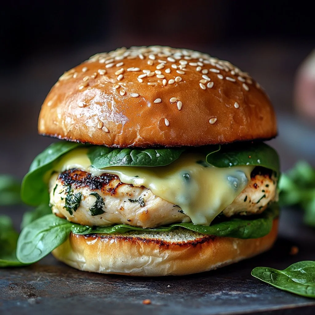 Delicious White Cheddar and Spinach Chicken Burgers served with fresh ingredients