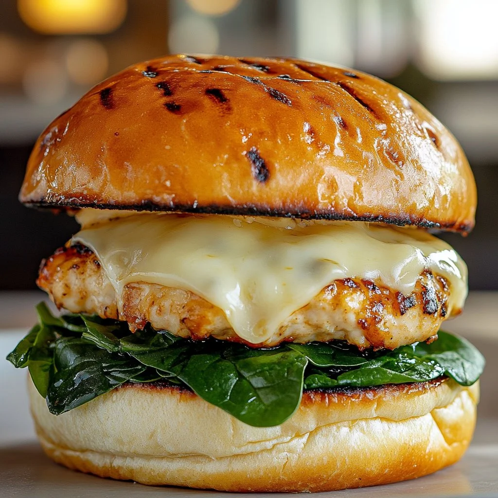 Delicious white cheddar and spinach chicken burgers served on a bun