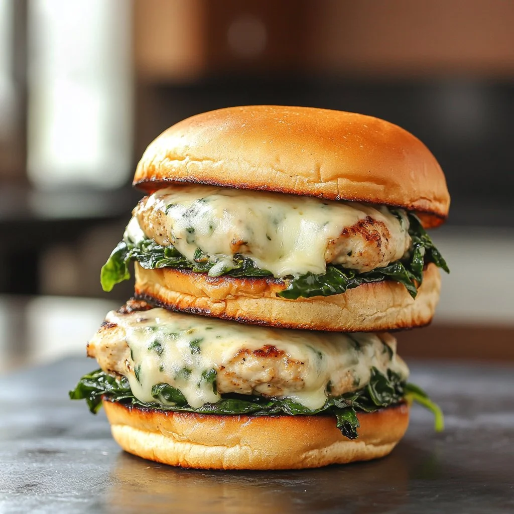 White cheddar and spinach chicken burgers garnished with fresh spinach leaves