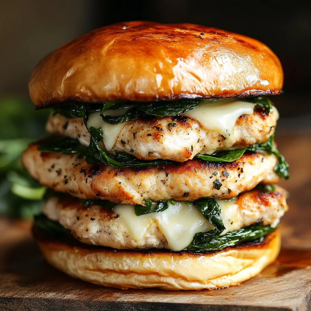 White cheddar and spinach chicken burgers served on a plate