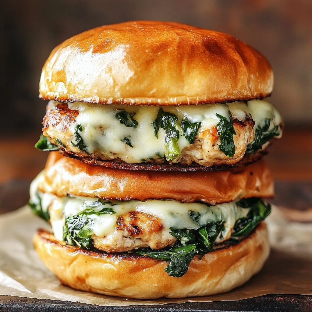 White Cheddar Spinach Chicken Burgers on a plate with fresh ingredients