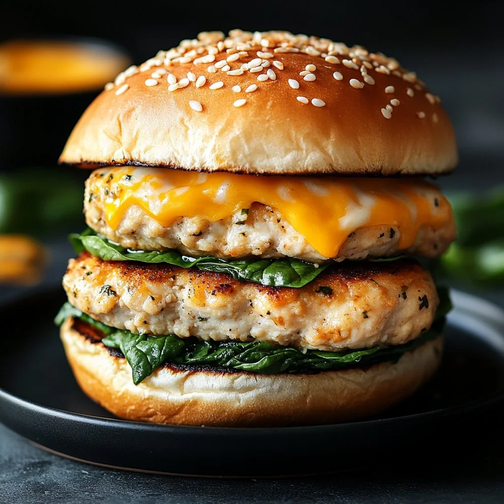 White cheddar spinach chicken burgers served on a plate with fresh ingredients