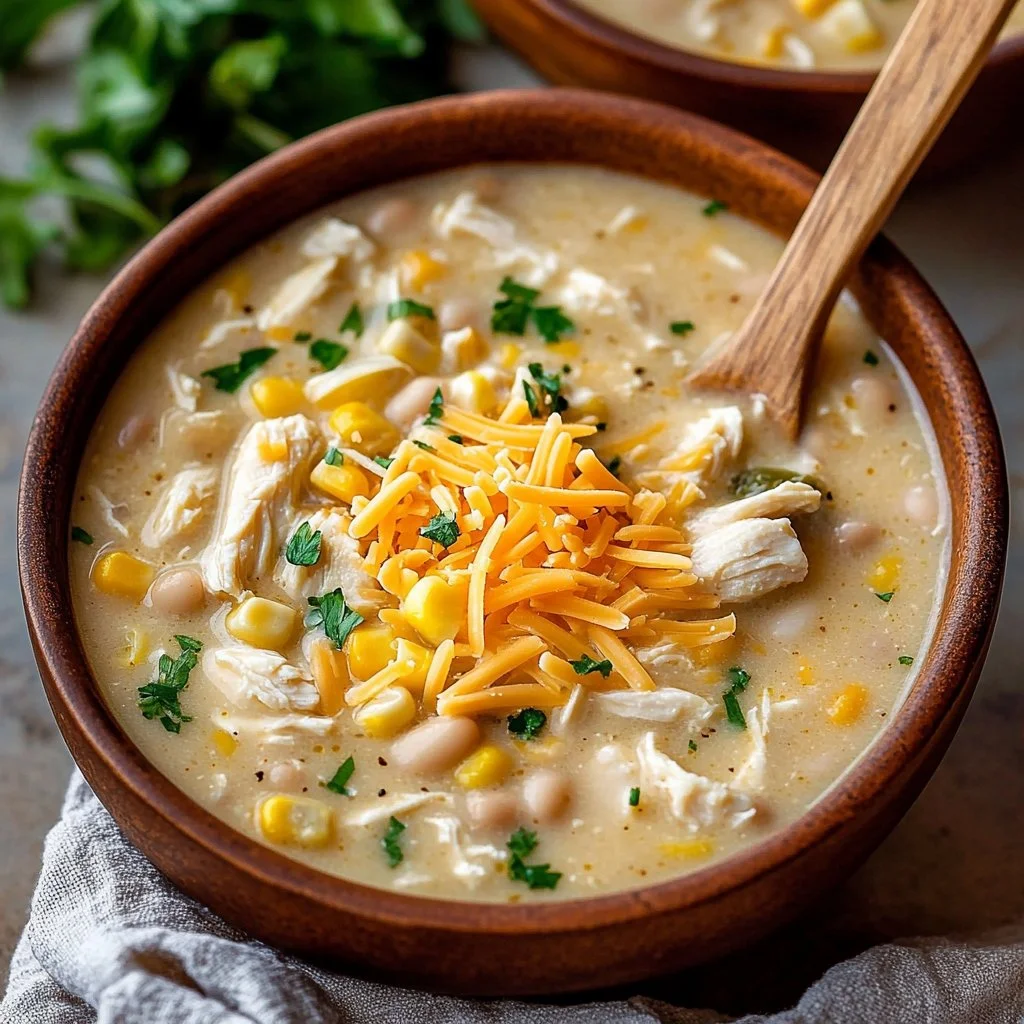 Bowl of delicious and hearty White Chicken Chili topped with cilantro and jalapeños