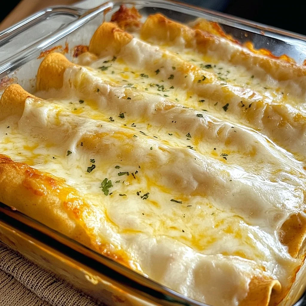 Creamy white chicken enchiladas topped with cheese and green sauce