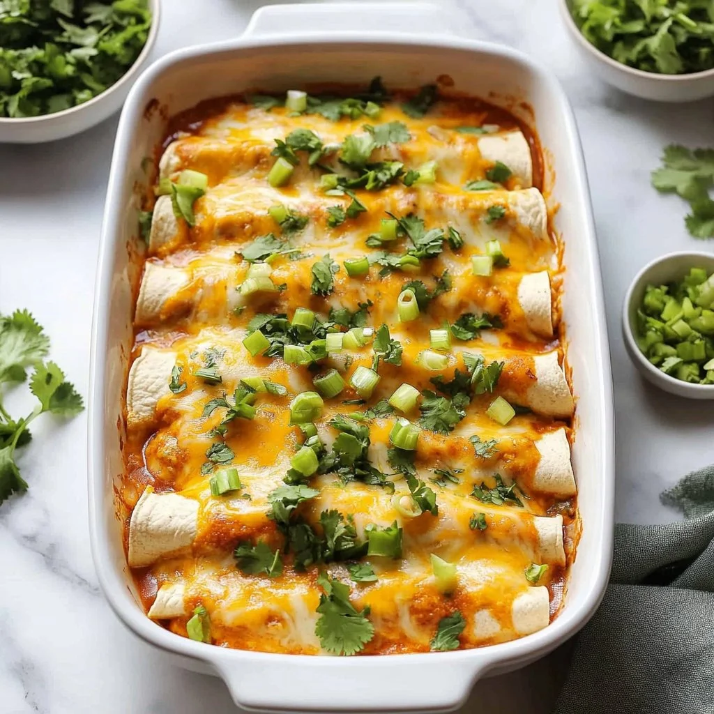 Plate of white chicken enchiladas topped with cheese and green onions
