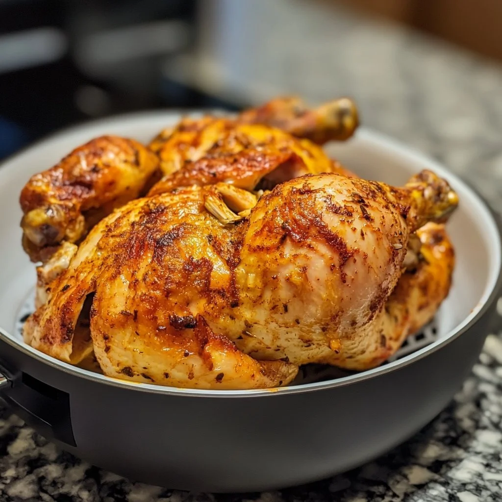Air Fryer Whole Chicken with crispy skin and juicy meat, ready to serve.