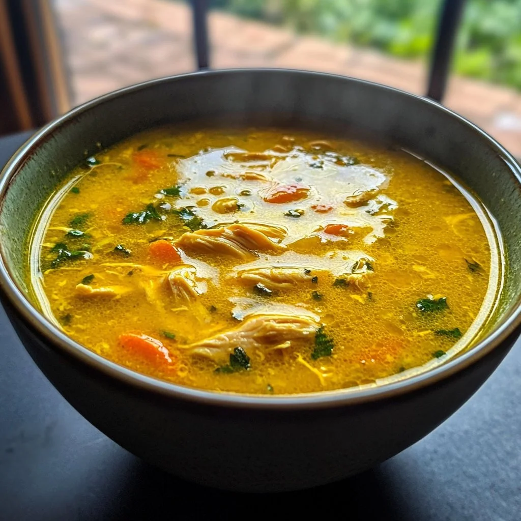 Bowl of anti-inflammatory turmeric chicken soup garnished with herbs