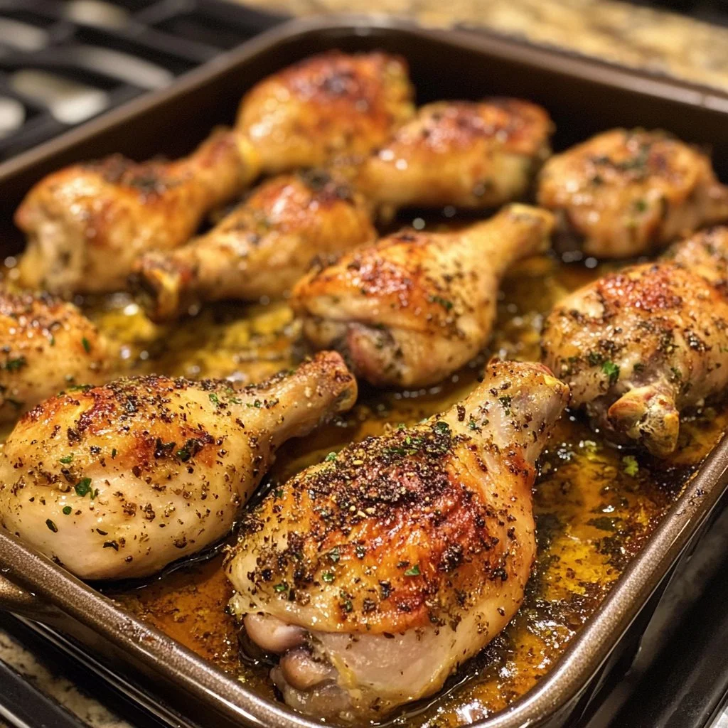 Deliciously baked chicken legs fresh out of the oven