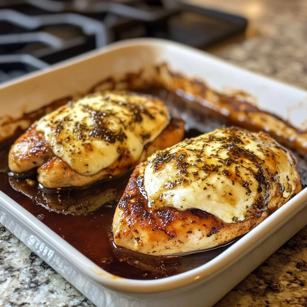 Balsamic baked chicken breast topped with mozzarella cheese on a serving plate