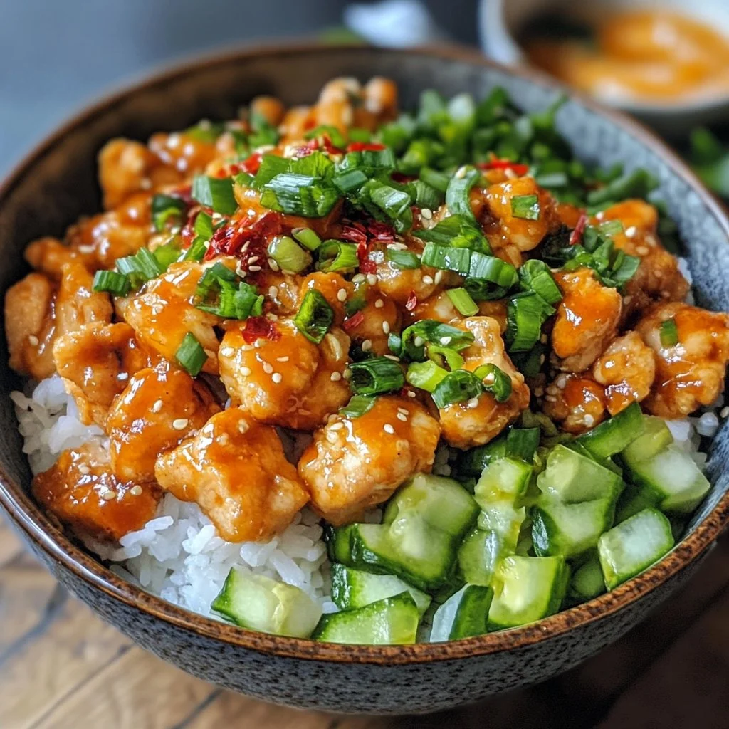 Delicious Bang Bang Chicken Bowl topped with spicy sauce and fresh vegetables.