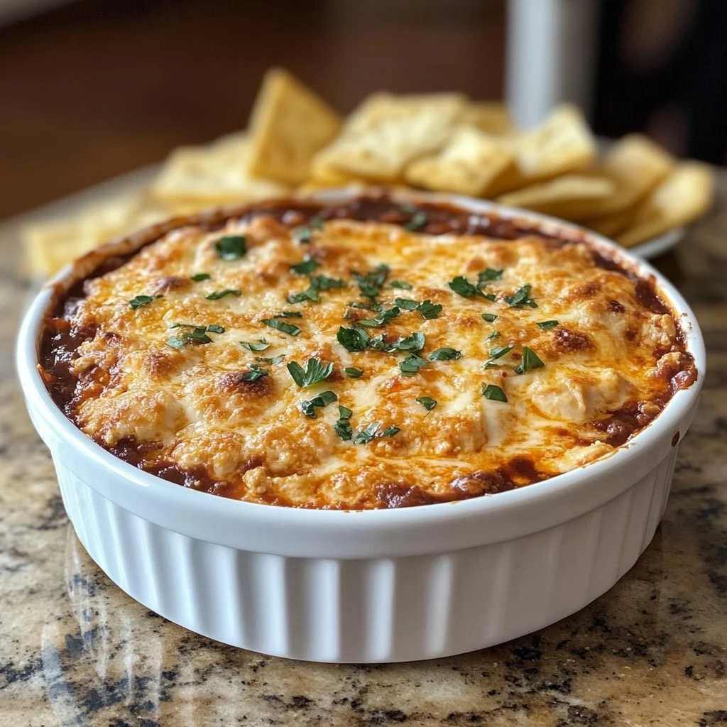Delicious BBQ chicken dip served in a bowl with crispy tortilla chips