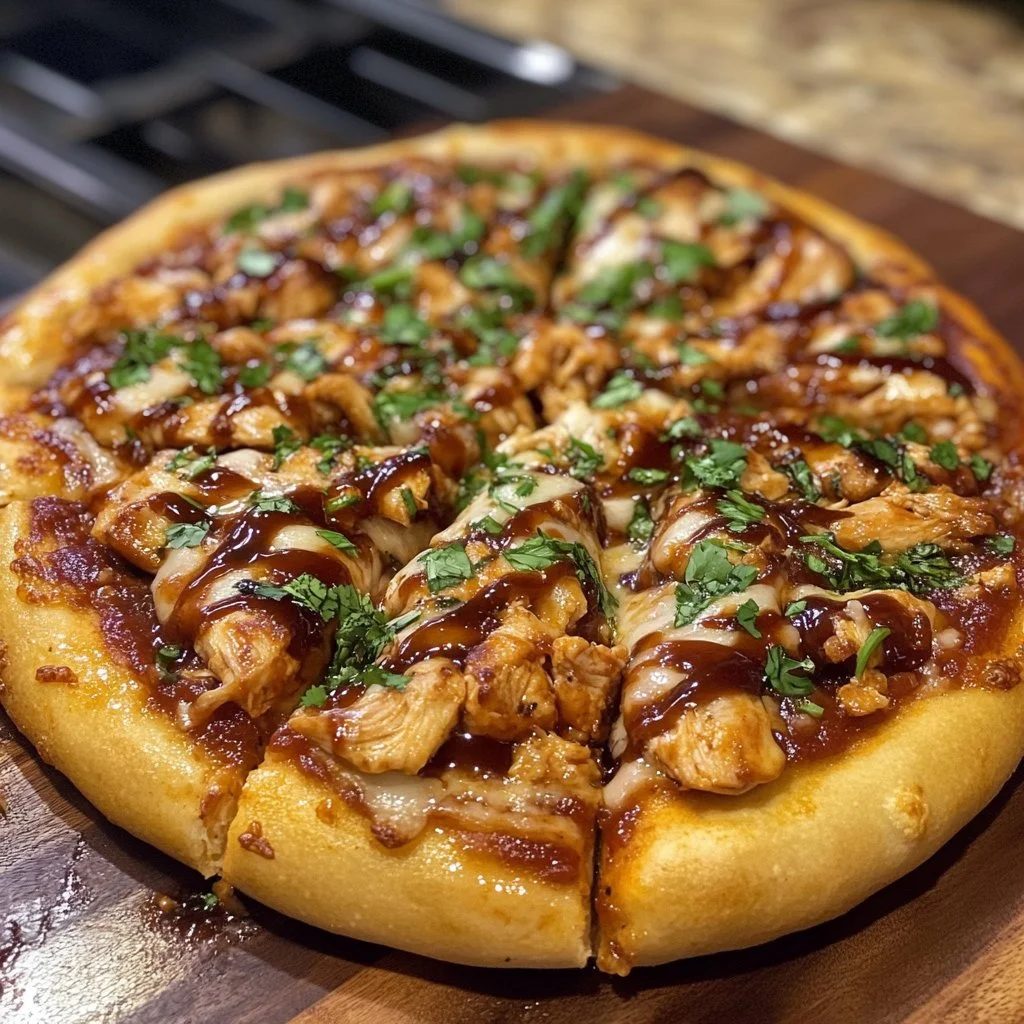 Delicious BBQ chicken pizza topped with juicy chicken, tangy sauce, and melted cheese