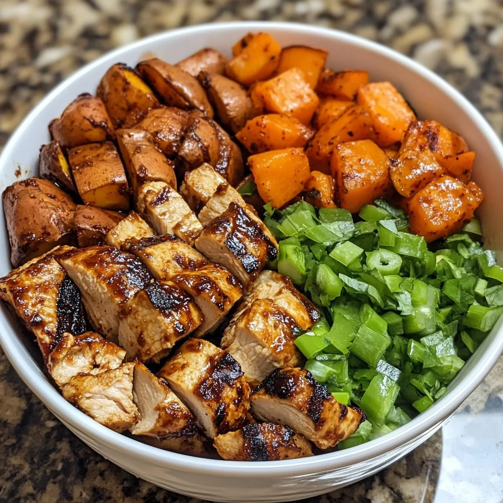 BBQ Chicken Sweet Potato Bowl topped with fresh ingredients and herbs