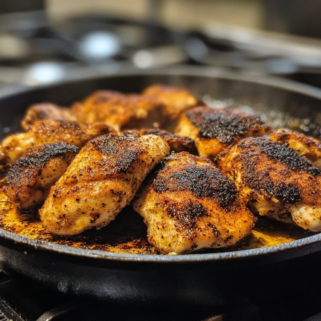 Juicy blackened chicken served with vegetables, showcasing rich seasoning.