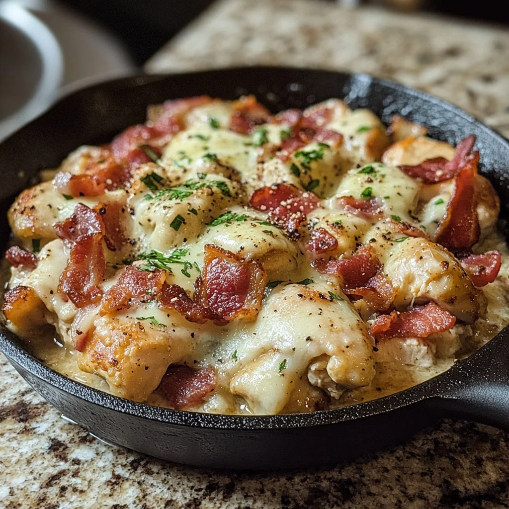 Delicious Blackstone Chicken Bacon Ranch Skillet with crispy bacon and tender chicken