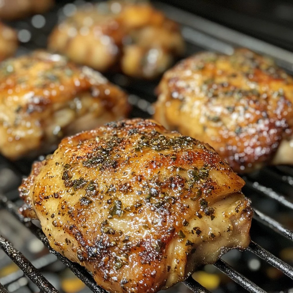 Grilled Blackstone chicken thighs garnished and ready to serve