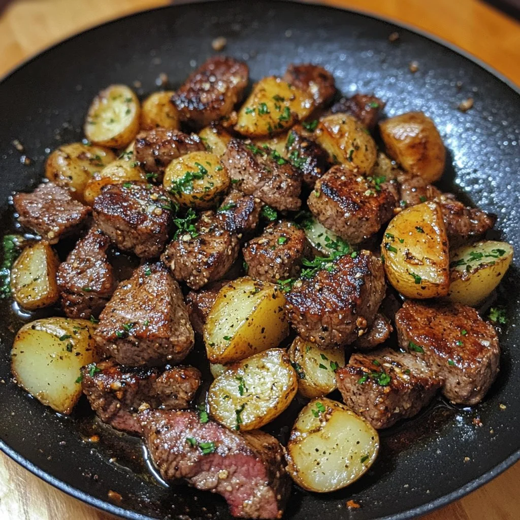 Delicious Blackstone Garlic Steak Bites served with roasted potatoes