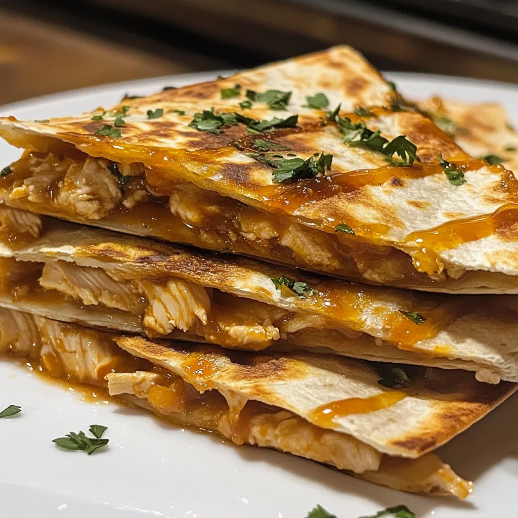 Delicious Blackstone BBQ Chicken Quesadillas with hot honey drizzle