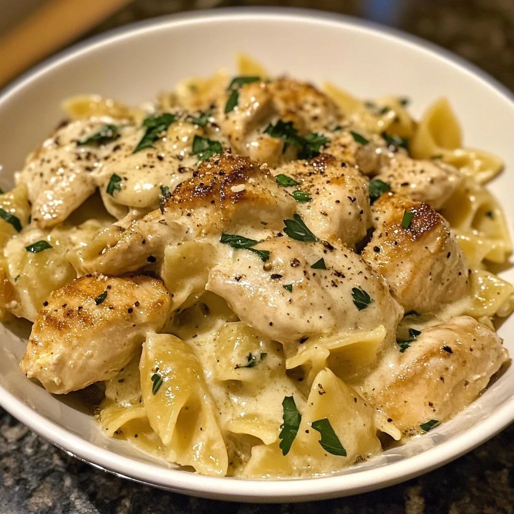 Boursin Chicken Pasta with creamy sauce and herbs on a plate