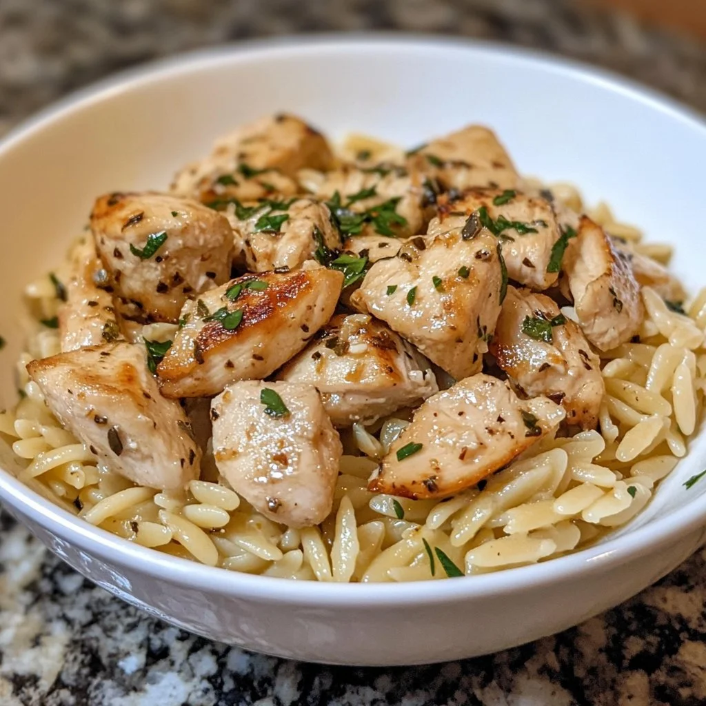 Boursin Orzo with Chicken served in a bowl, garnished with herbs