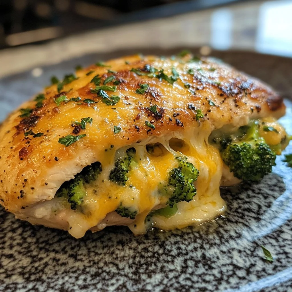 Broccoli and Cheese Stuffed Chicken Breast on a white plate