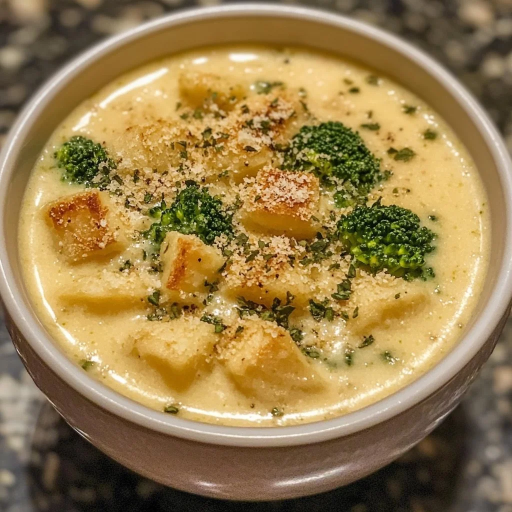 Bowl of creamy broccoli cheese soup with cauliflower, garnished with fresh herbs.