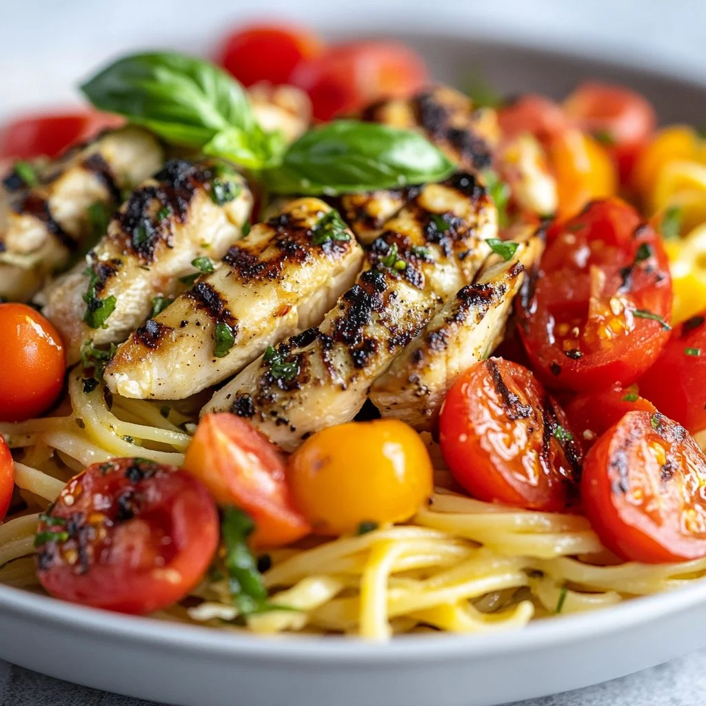 Delicious Bruschetta Chicken Pasta topped with fresh tomatoes and basil