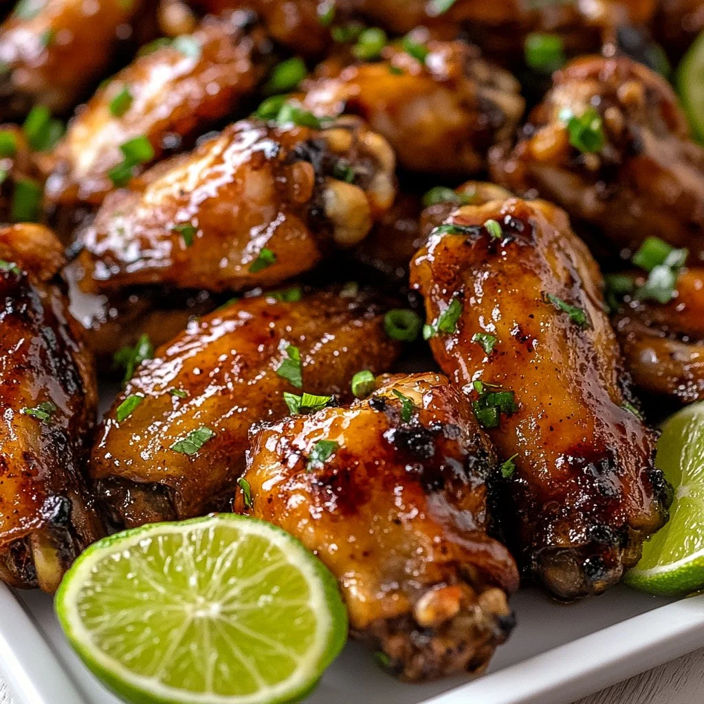 Cajun honey lime chicken wings garnished with lime and herbs